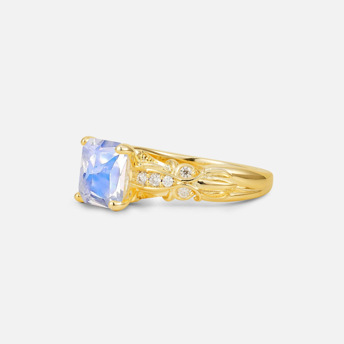 Emerald Cut Moonstone Engagement Ring with Floral Vine Side Stones - Additional view