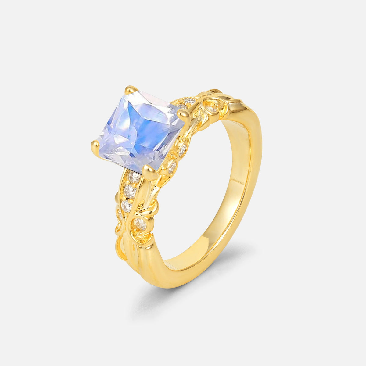 Emerald Cut Moonstone Engagement Ring with Floral Vine Side Stones - Additional view
