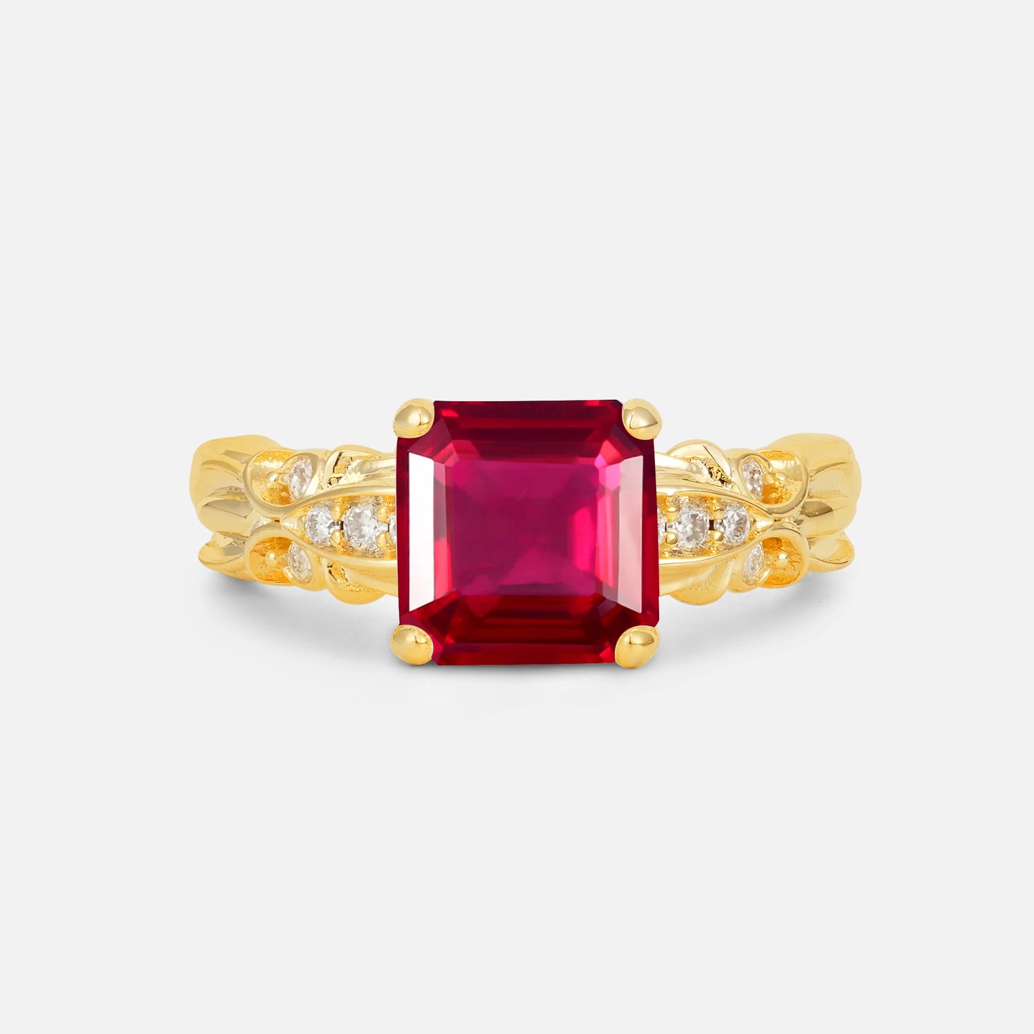 Emerald Cut Ruby Engagement Ring with Floral Vine Side Stones - Additional view
