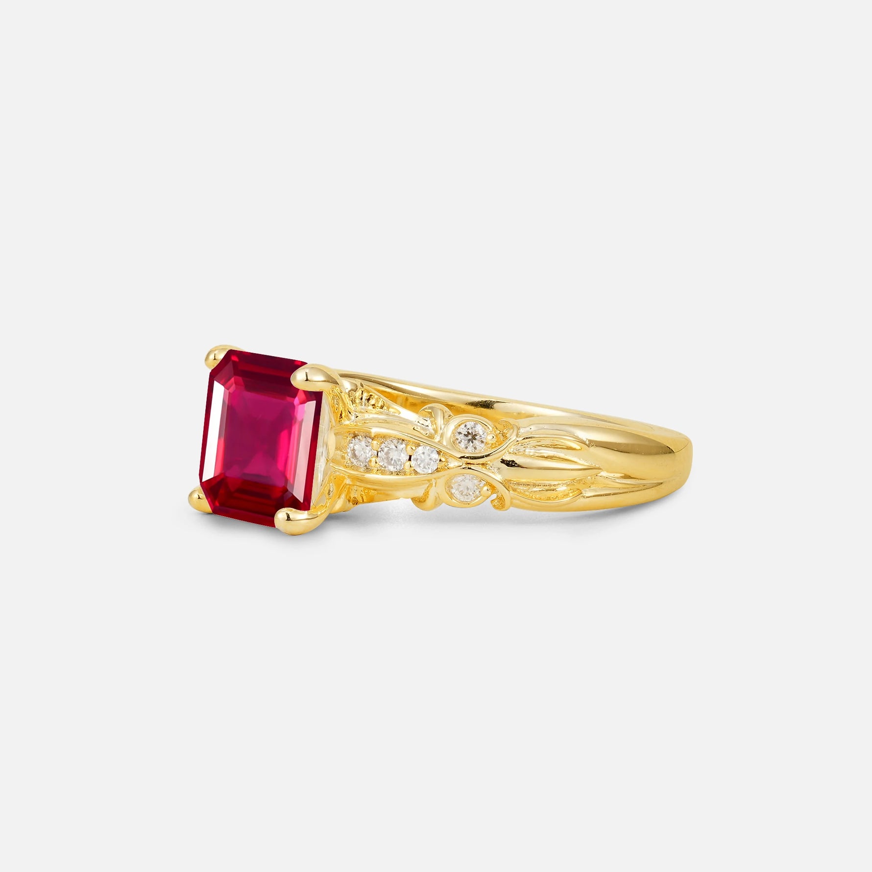 Emerald Cut Ruby Engagement Ring with Floral Vine Side Stones - Additional view