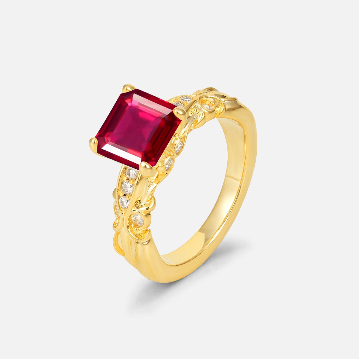Emerald Cut Ruby Engagement Ring with Floral Vine Side Stones - Additional view