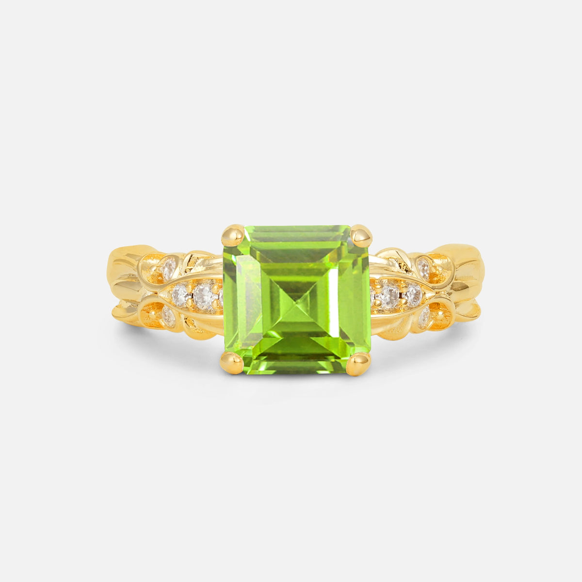 Emerald Cut Peridot Engagement Ring with Floral Vine Side Stones - Additional view