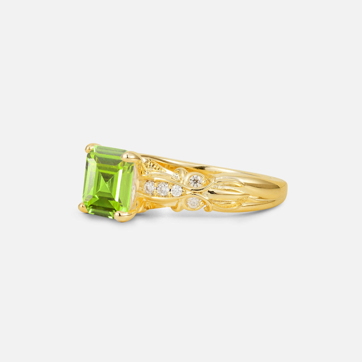 Emerald Cut Peridot Engagement Ring with Floral Vine Side Stones - Additional view