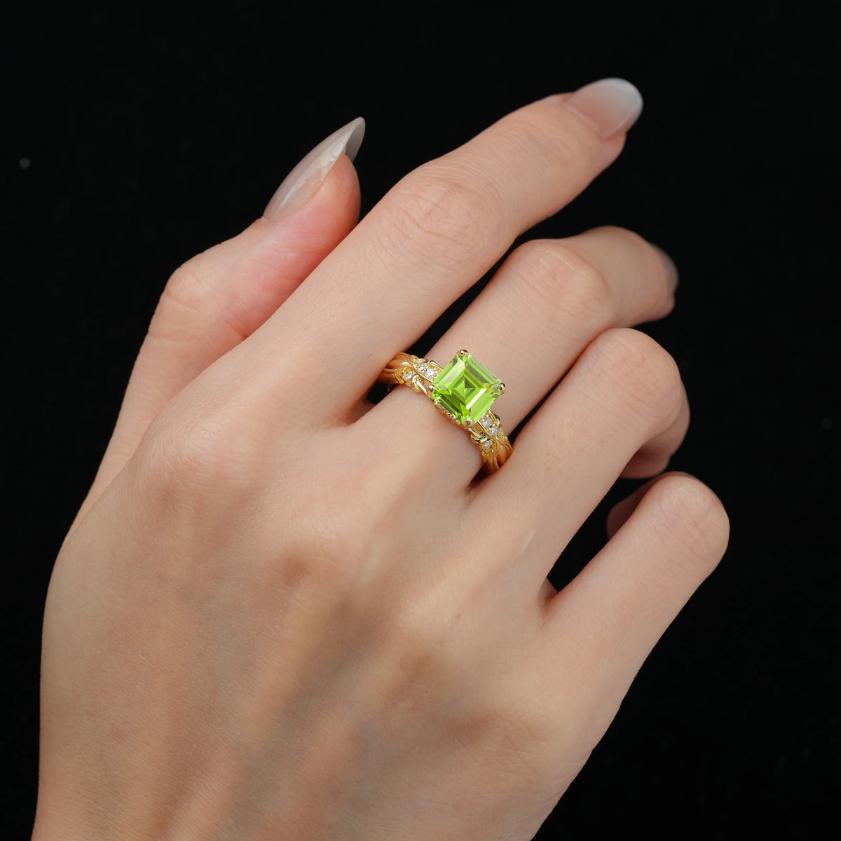 Emerald Cut Peridot Engagement Ring with Floral Vine Side Stones - Additional view