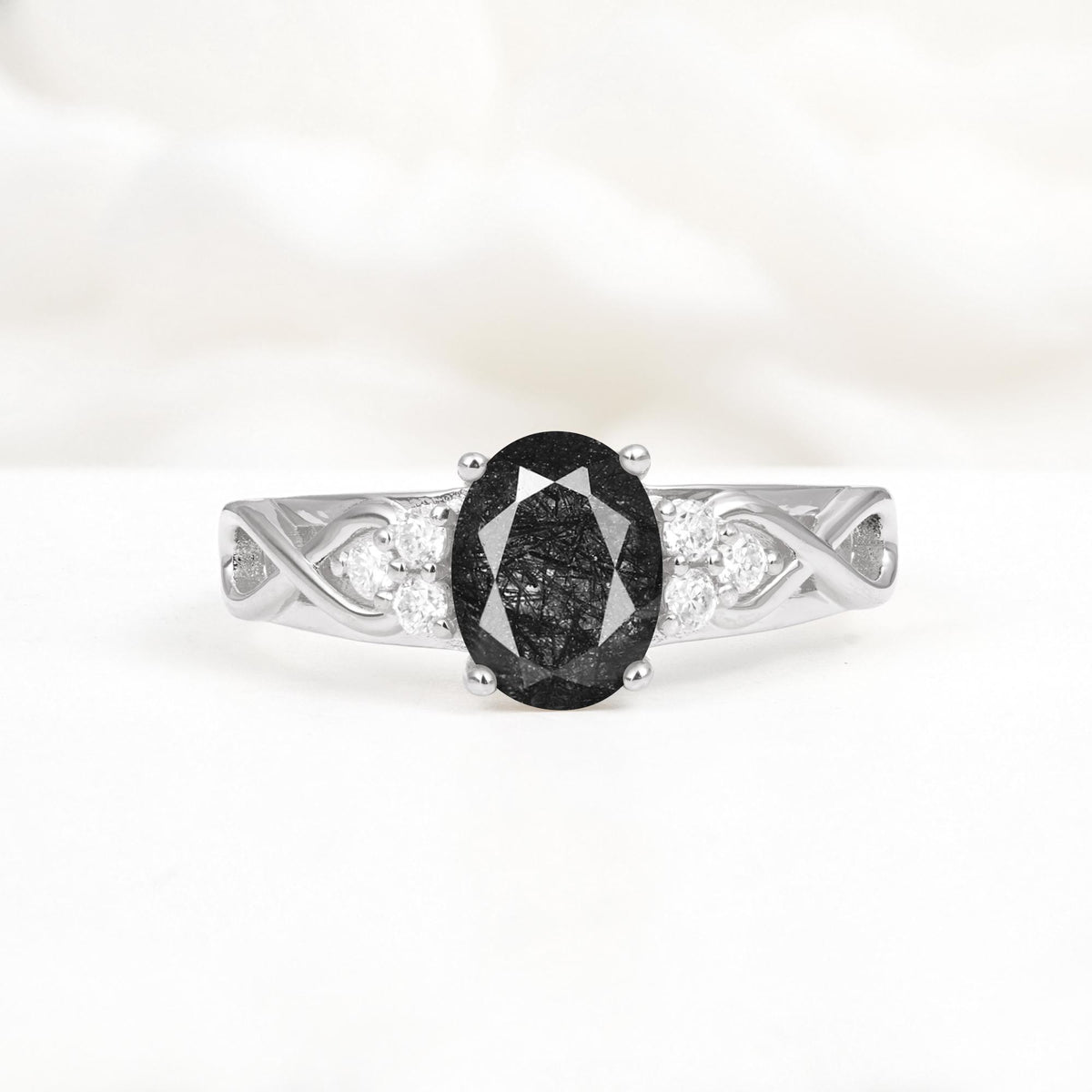Oval Cut Black Rutilated Quartz Infinity Engagement Ring - Additional view