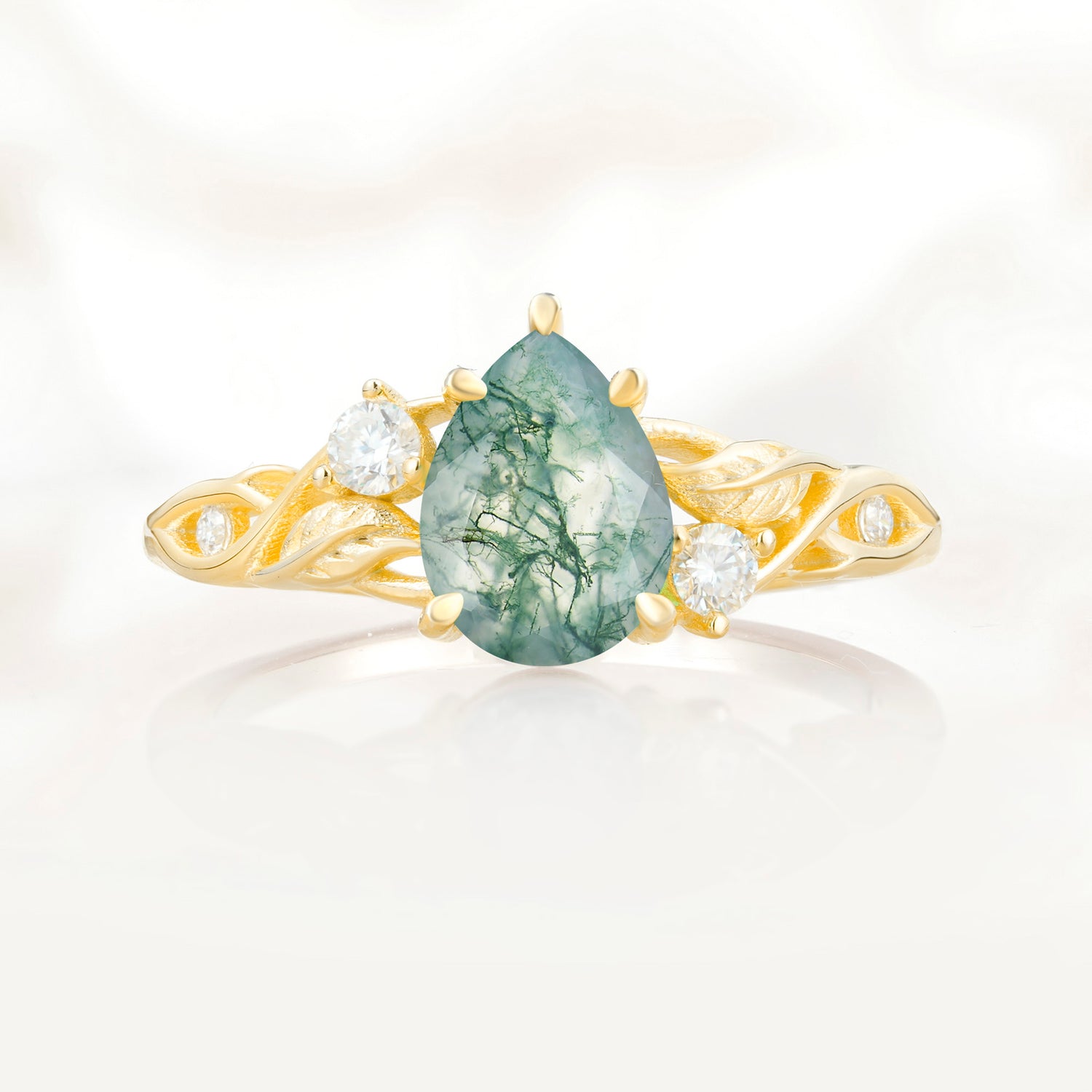 Nature Inspired Pear Cut Moss Agate Promise Ring for Women