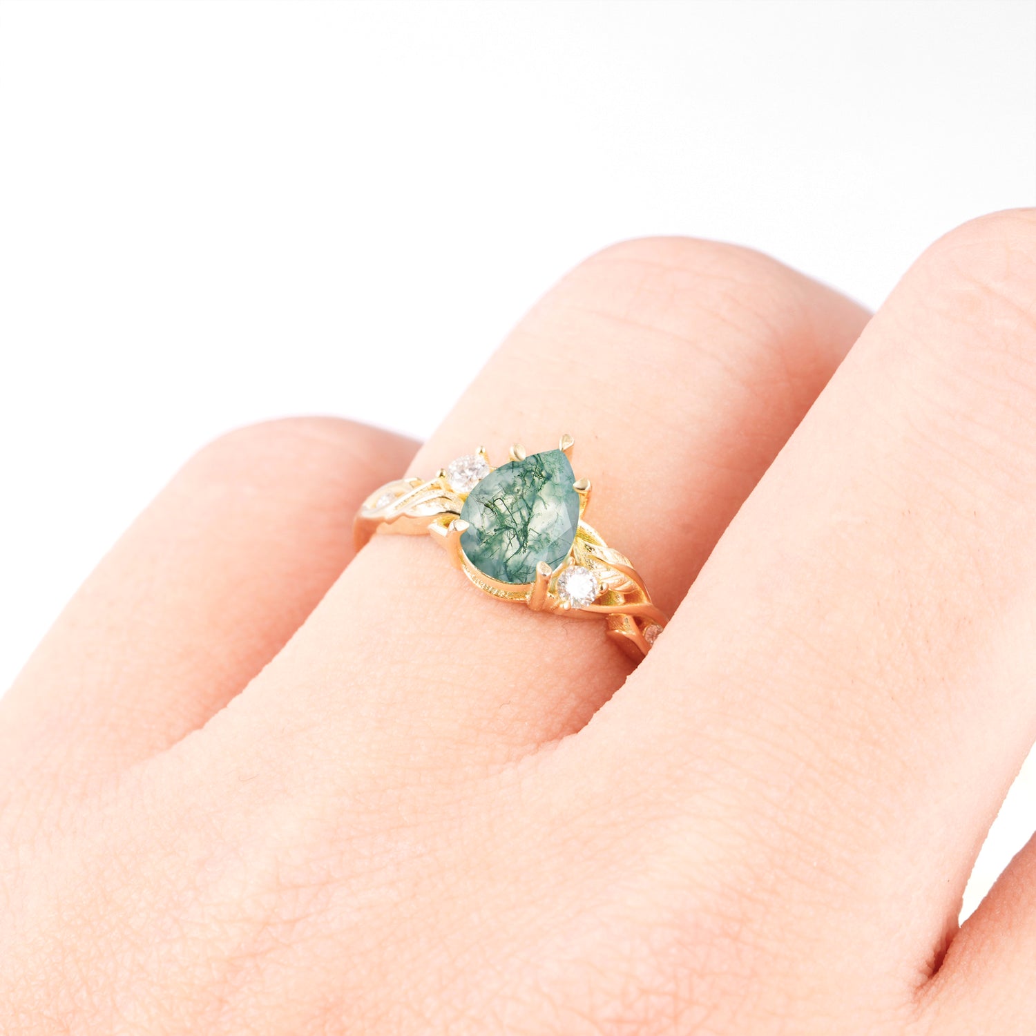 Nature Inspired Pear Cut Moss Agate Promise Ring for Women