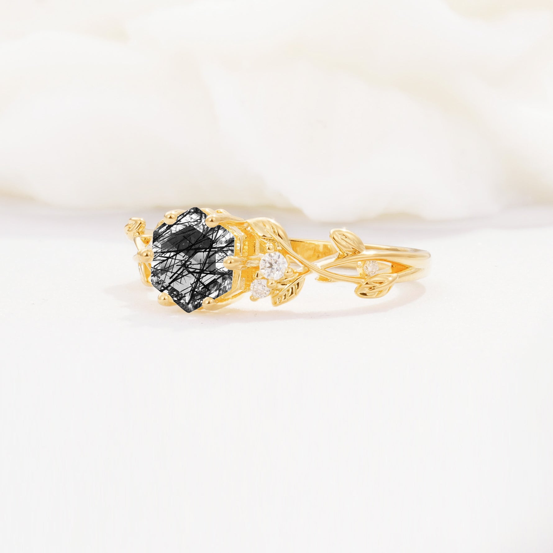 SR17002 Black Rutilated Quartz Ring - White-Gold