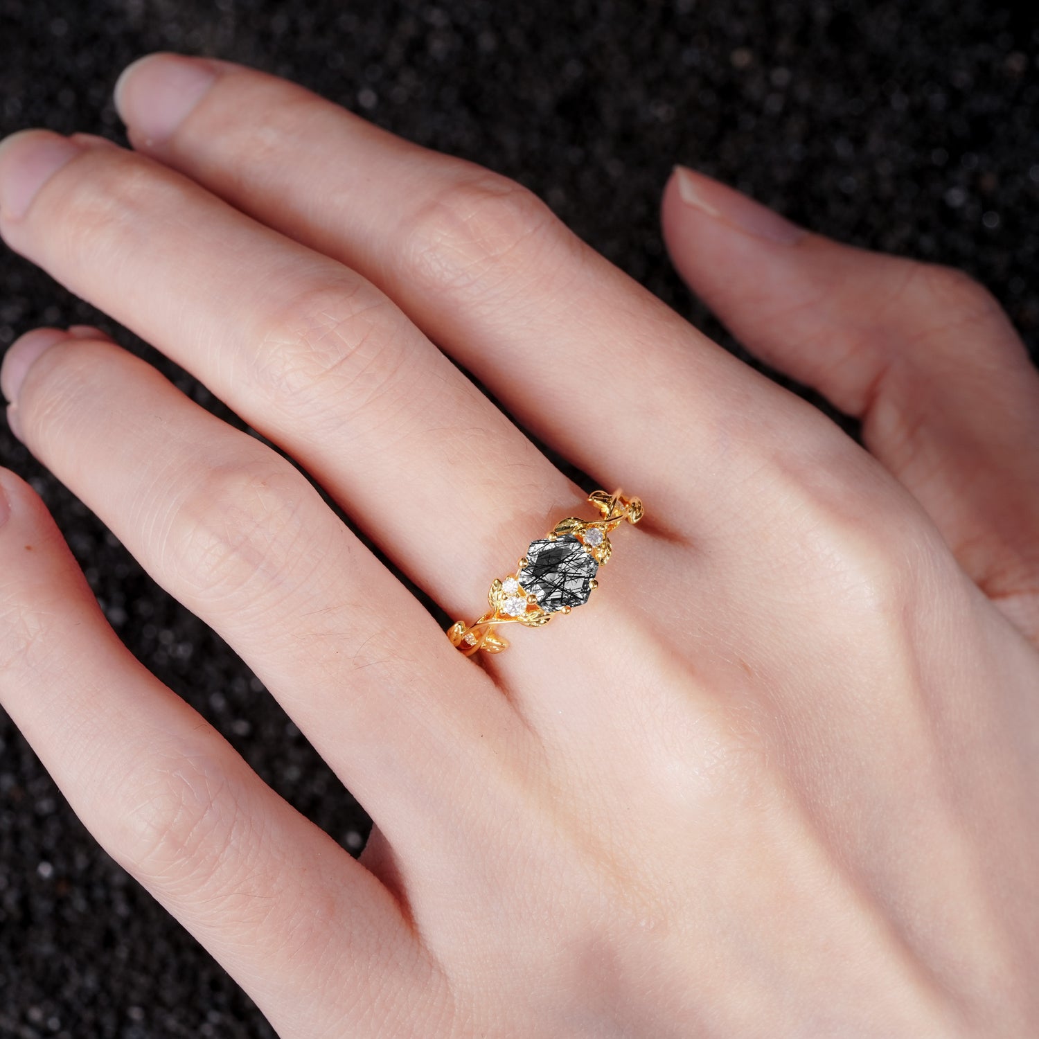 SR17002 Black Rutilated Quartz Ring - Rose-Gold