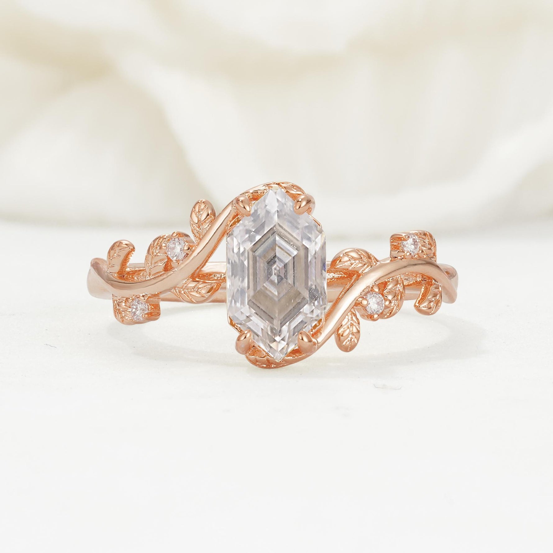 Nature-Inspired Hexagon Cut Moissanite Engagement Ring with Vine Accents - Additional view