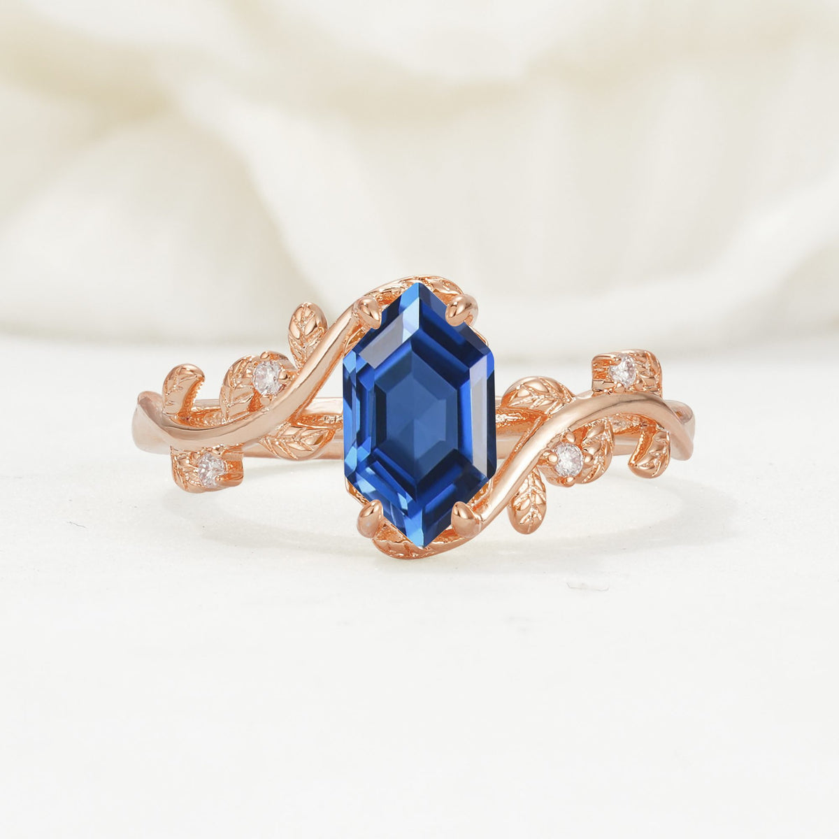 Elongated Hexagon Sapphire Leaf Vine Nature-Inspired Engagement Ring - Additional view