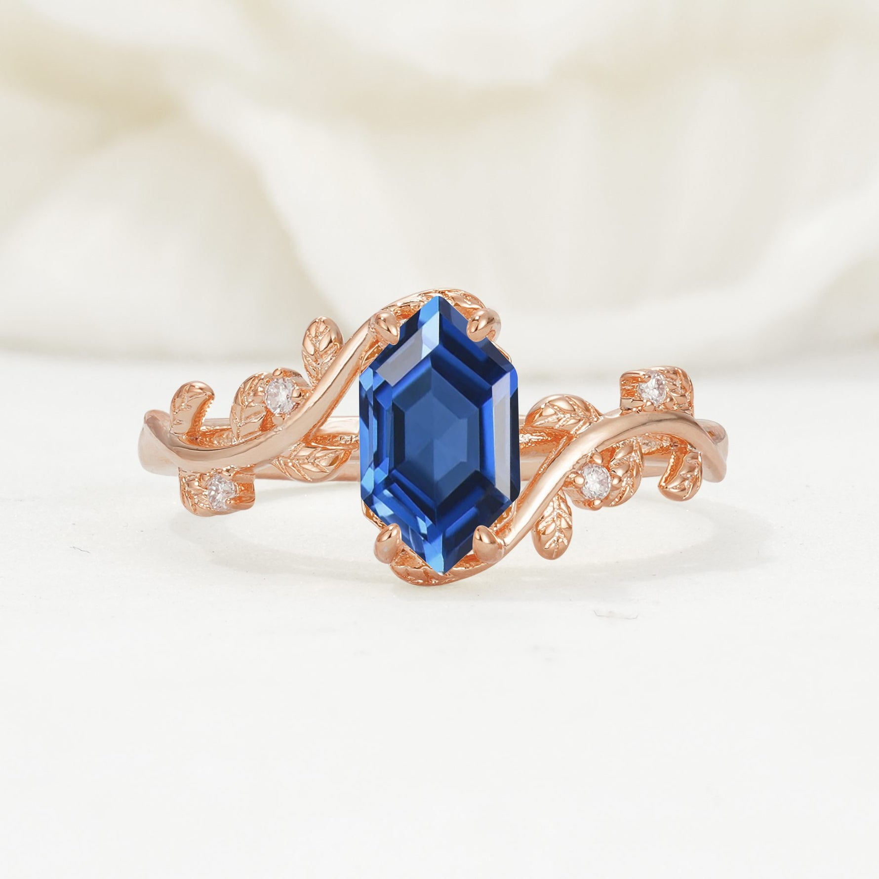 Elongated Hexagon Sapphire Leaf Vine Nature-Inspired Engagement Ring - Additional view