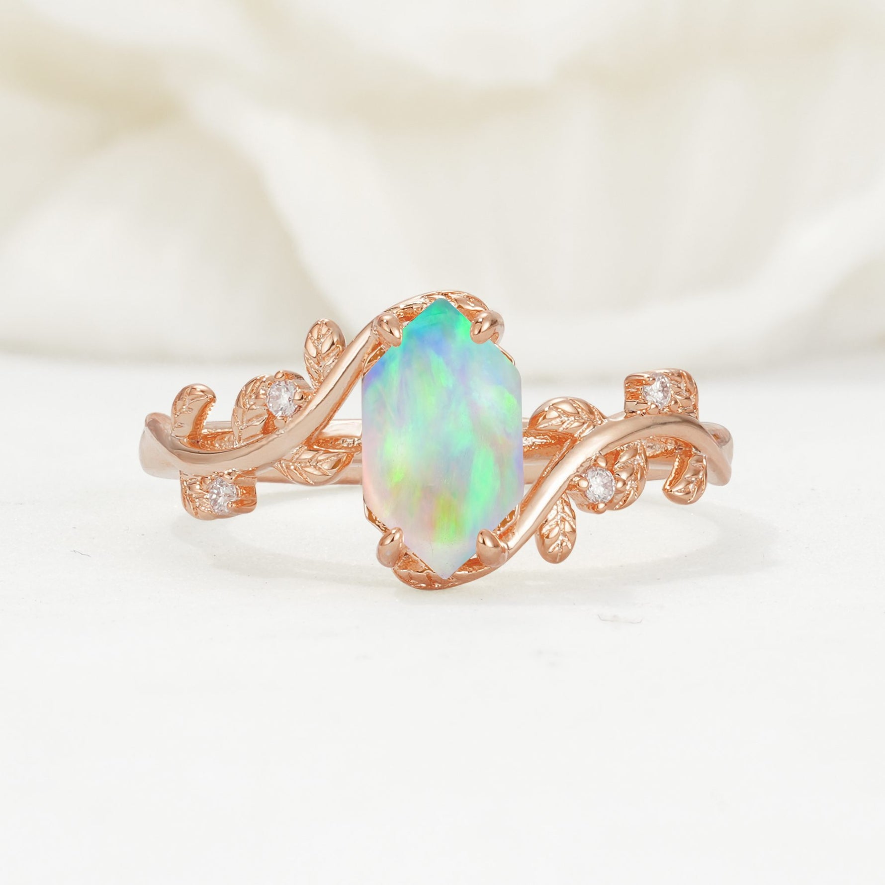 Elongated Hexagon Fire Opal Leaf Vine Nature-Inspired Engagement Ring - Additional view