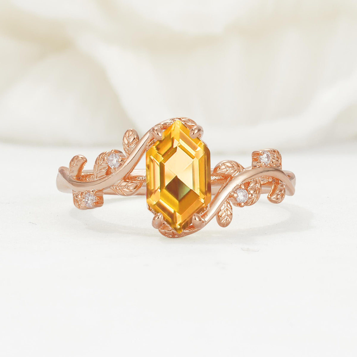 Nature-Inspired Hexagon Cut Citrine Engagement Ring with Vine Accents - Additional view