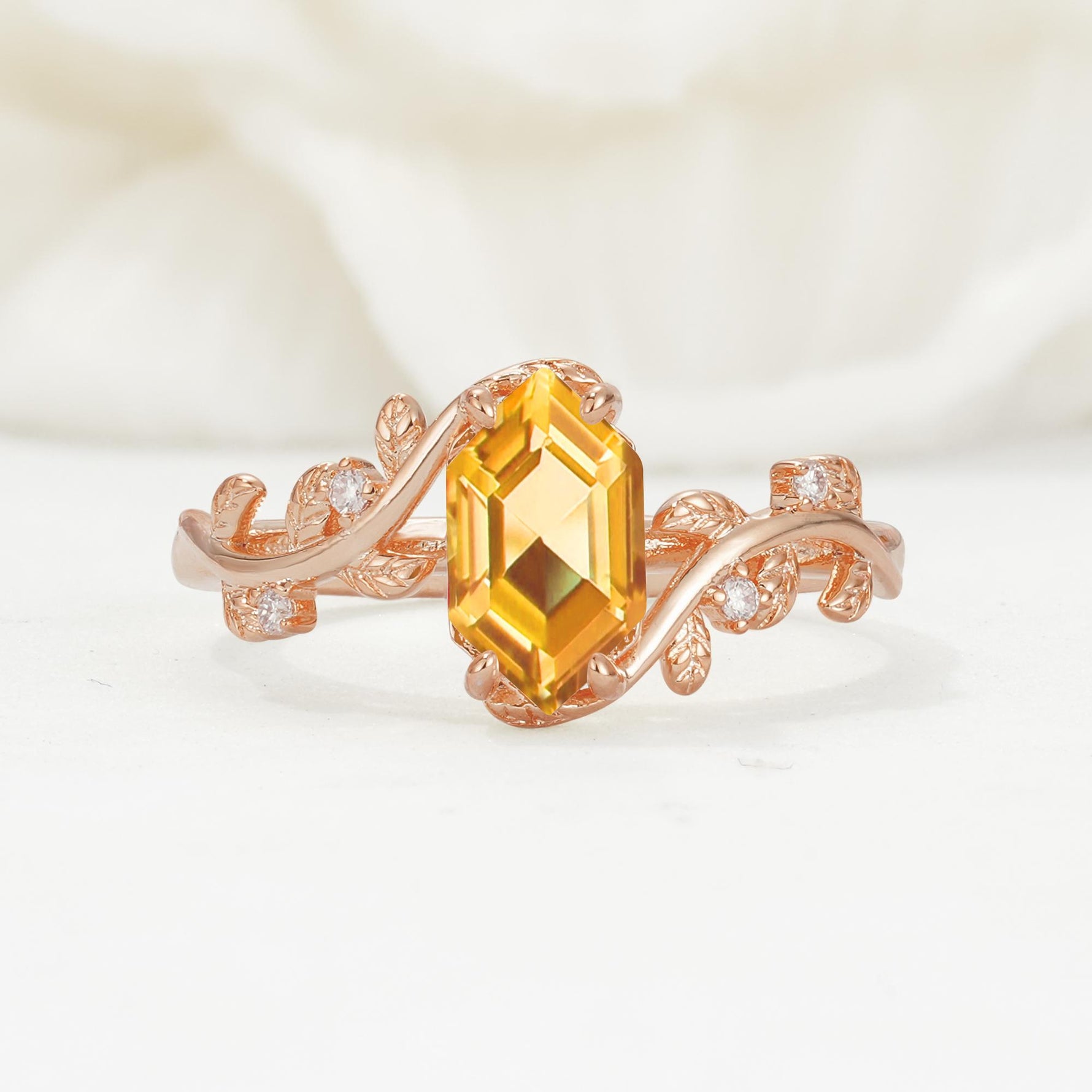 Nature-Inspired Hexagon Cut Citrine Engagement Ring with Vine Accents - Additional view