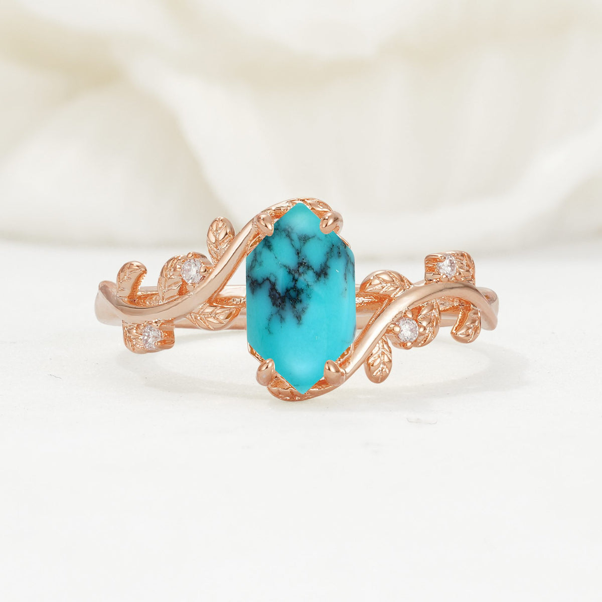 Elongated Hexagon Turquoise Leaf Vine Nature-Inspired Engagement Ring - Additional view