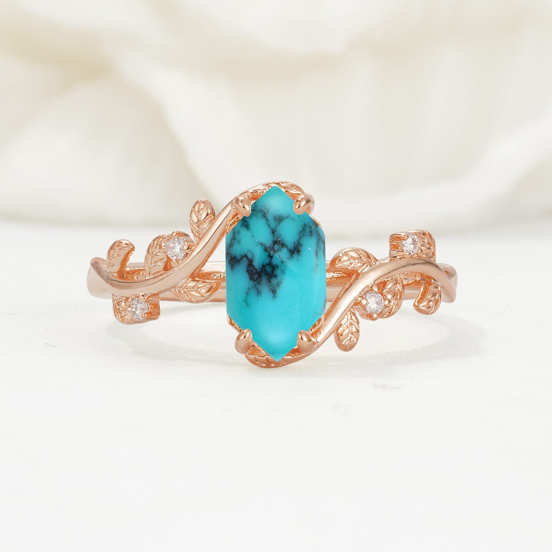 Elongated Hexagon Turquoise Leaf Vine Nature-Inspired Engagement Ring - Additional view