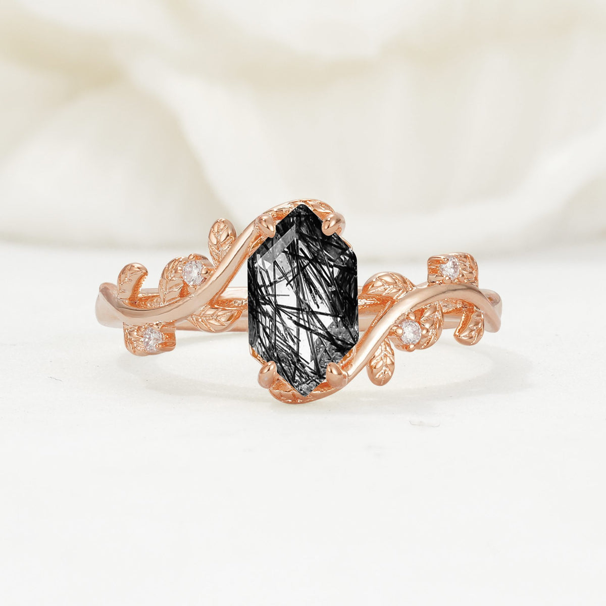 Elongated Hexagon Black Rutilated Quartz Leaf Vine Nature-Inspired Engagement Ring - Additional view