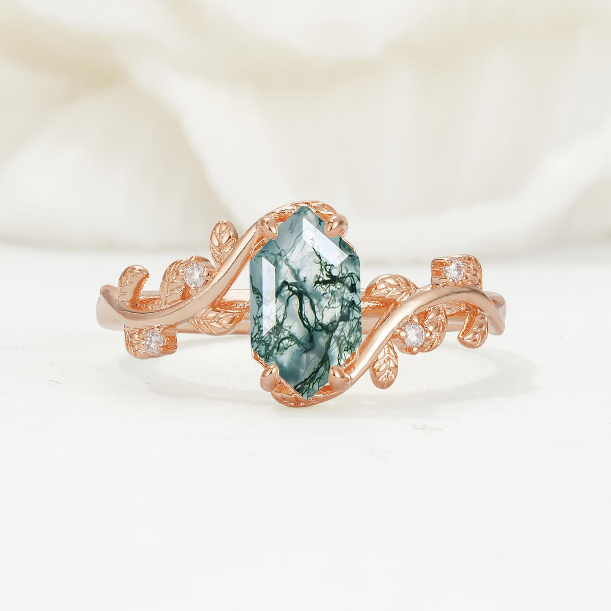 Nature-Inspired Hexagon Cut Moss Agate Engagement Ring with Vine Accents - Additional view