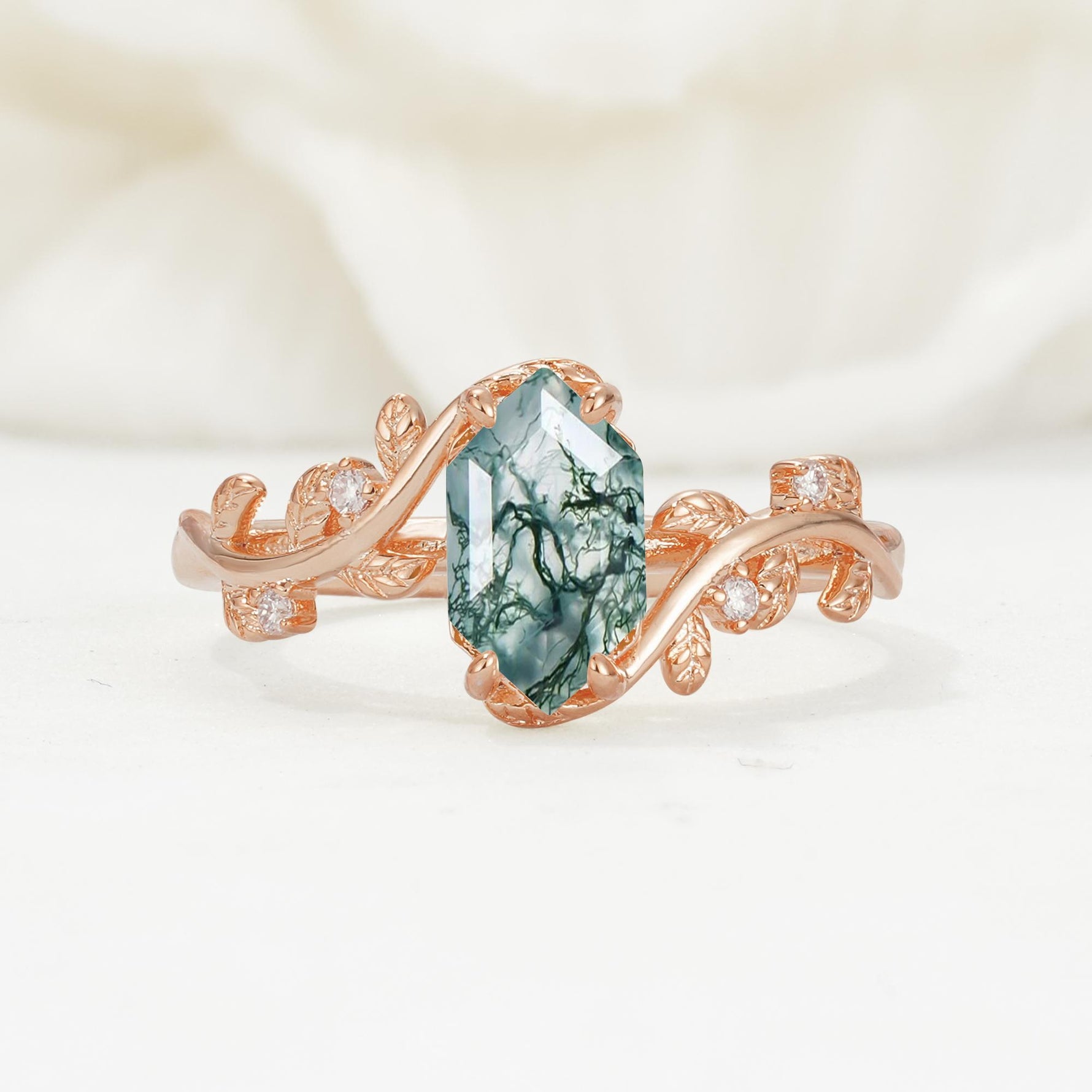 Nature-Inspired Hexagon Cut Moss Agate Engagement Ring with Vine Accents - Additional view