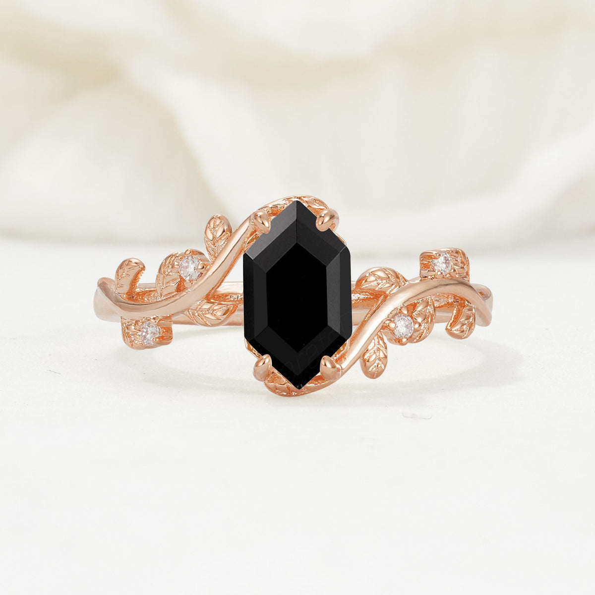 Elongated Hexagon Black Onyx Leaf Vine Nature-Inspired Engagement Ring - Additional view