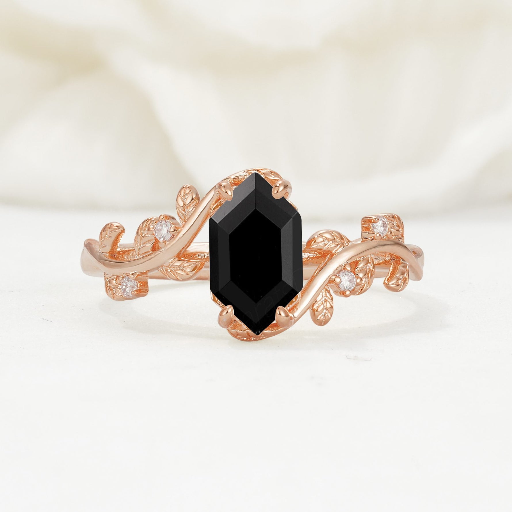 Elongated Hexagon Black Onyx Leaf Vine Nature-Inspired Engagement Ring - Additional view