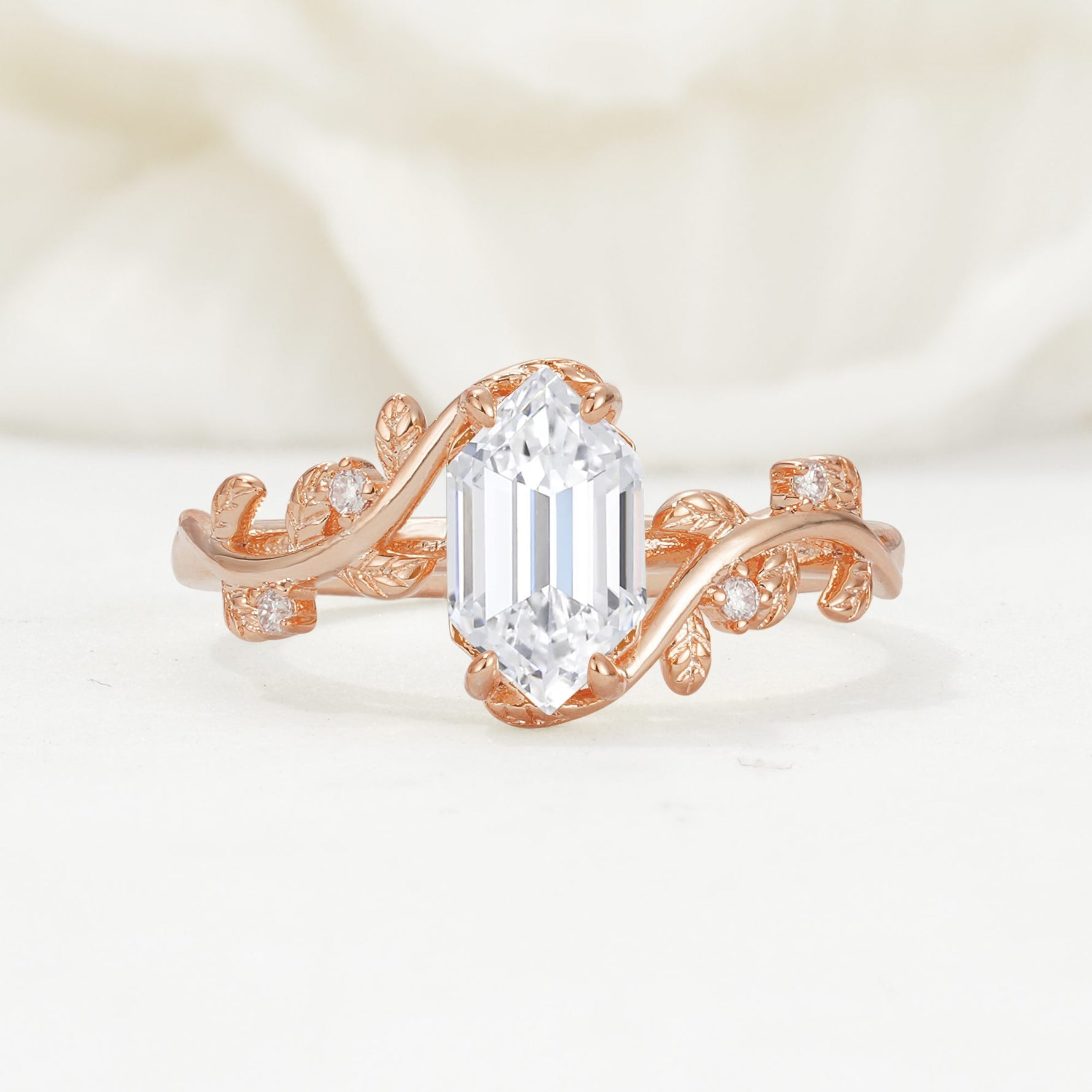 Elongated Hexagon Lab Diamond Leaf Vine Nature-Inspired Engagement Ring - Additional view