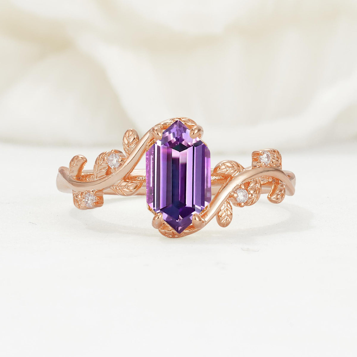 Nature-Inspired Hexagon Cut Amethyst Engagement Ring with Vine Accents - Additional view