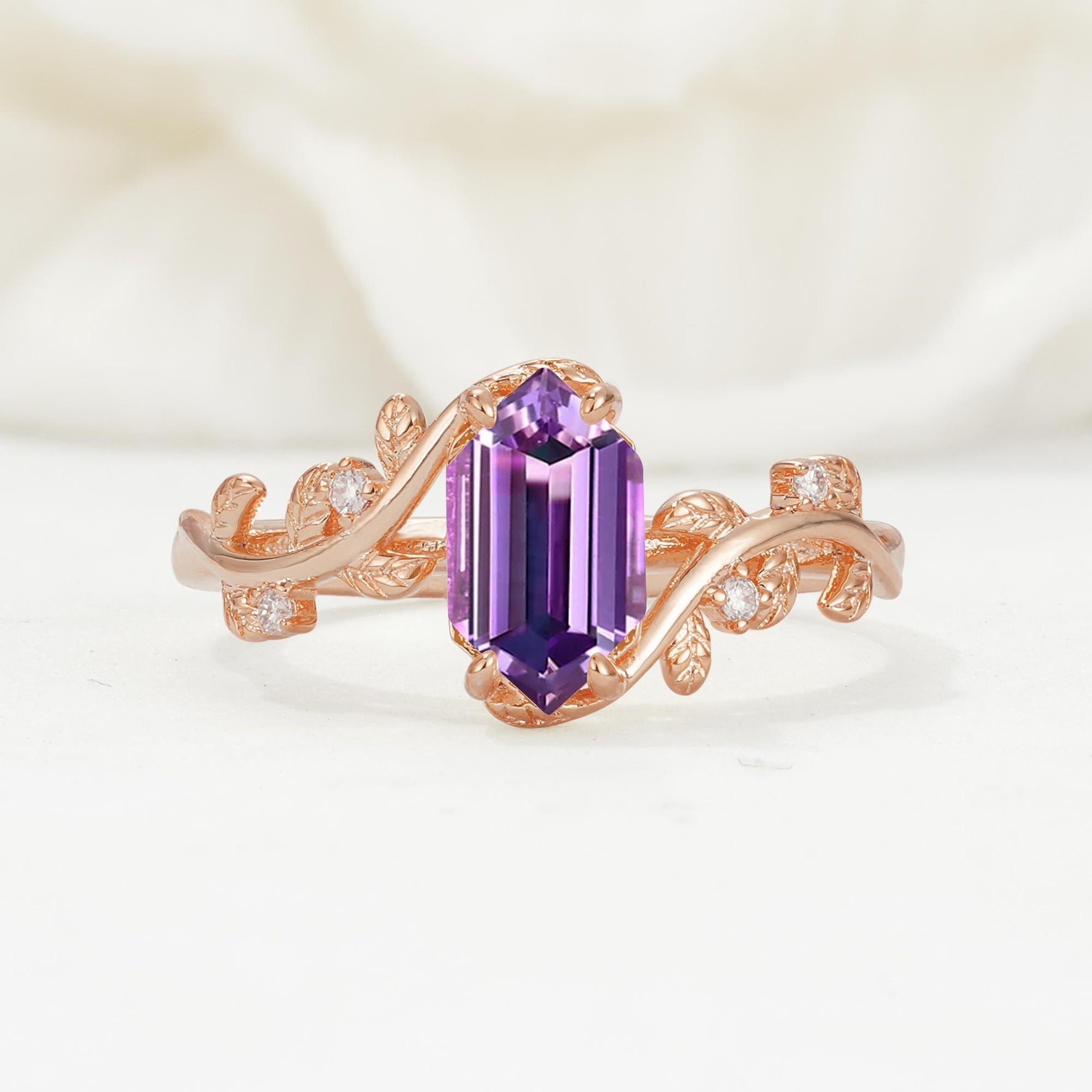 Nature-Inspired Hexagon Cut Amethyst Engagement Ring with Vine Accents - Additional view