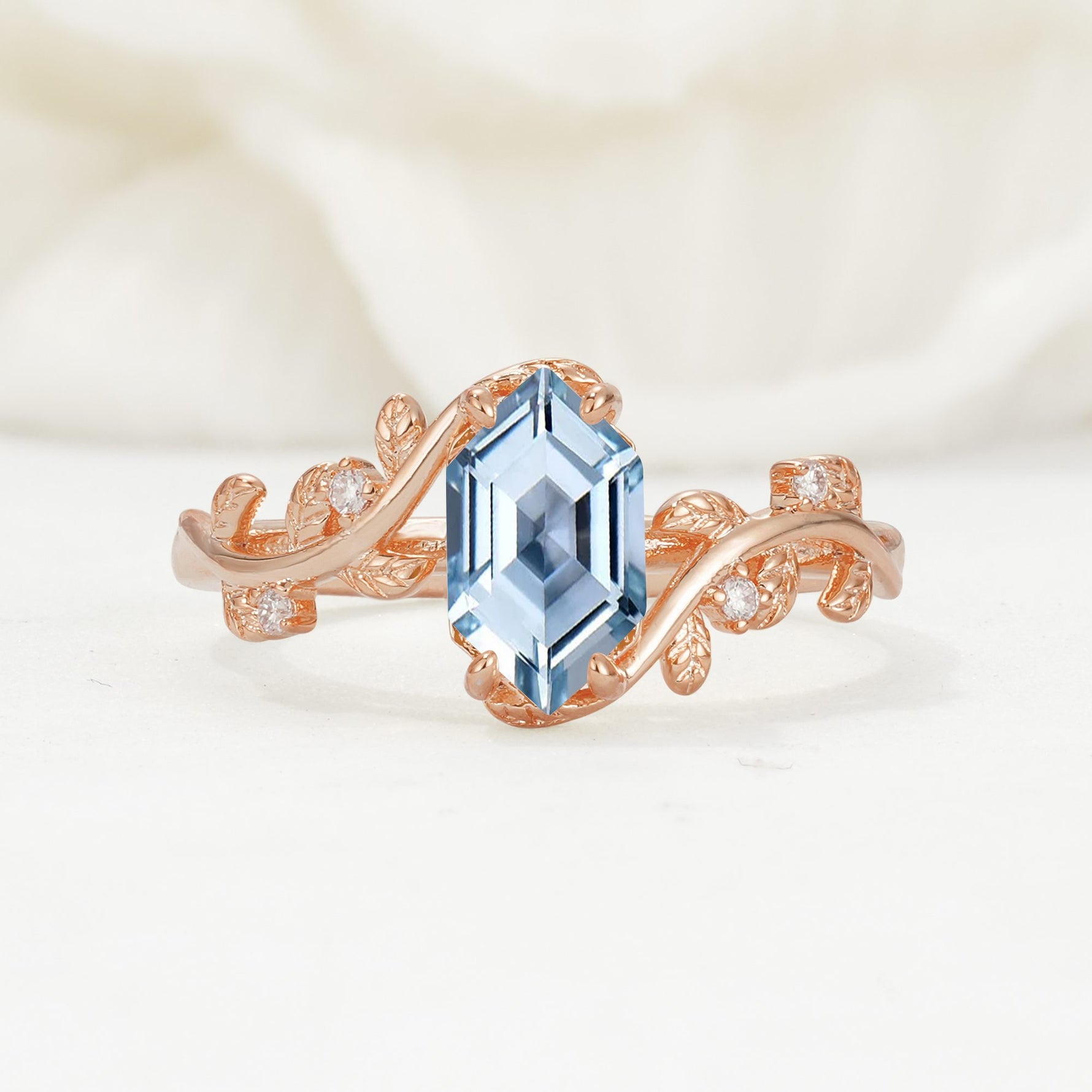 Elongated Hexagon Aquamarine Leaf Vine Nature-Inspired Engagement Ring - Additional view