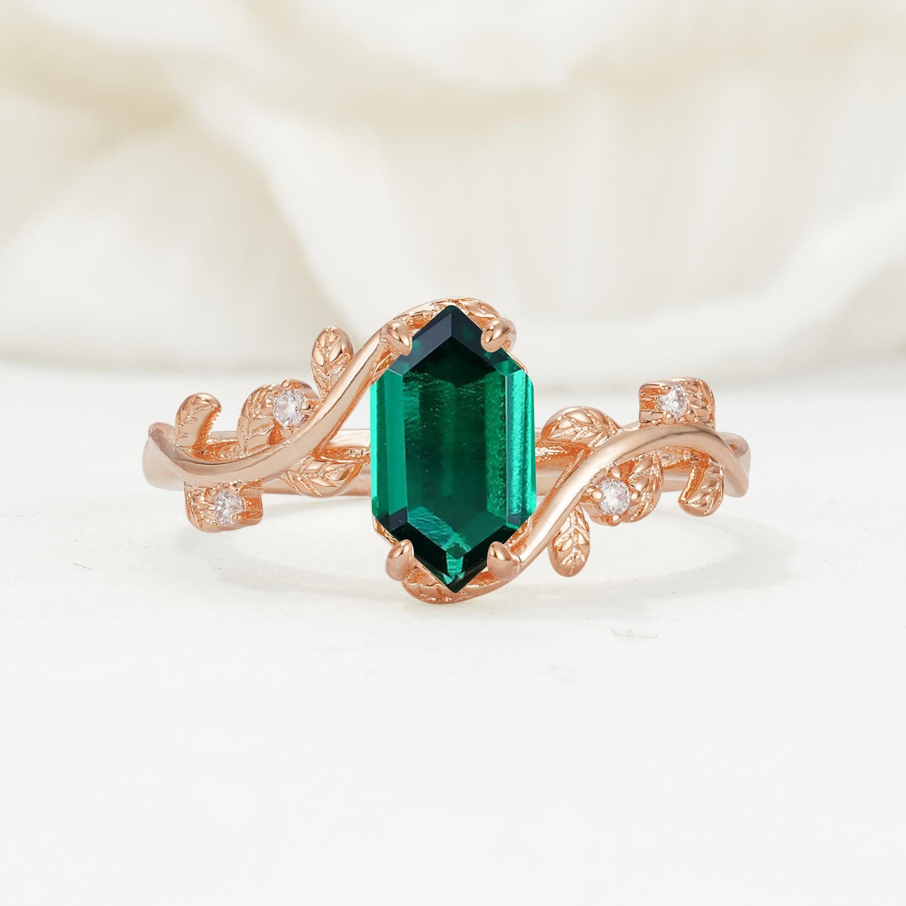 Nature-Inspired Hexagon Cut Emerald Engagement Ring with Vine Accents - Additional view