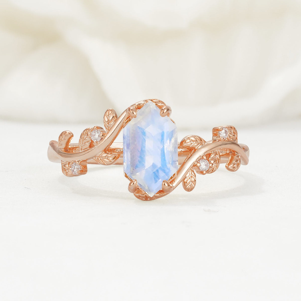 Elongated Hexagon Moonstone Leaf Vine Nature-Inspired Engagement Ring - Additional view