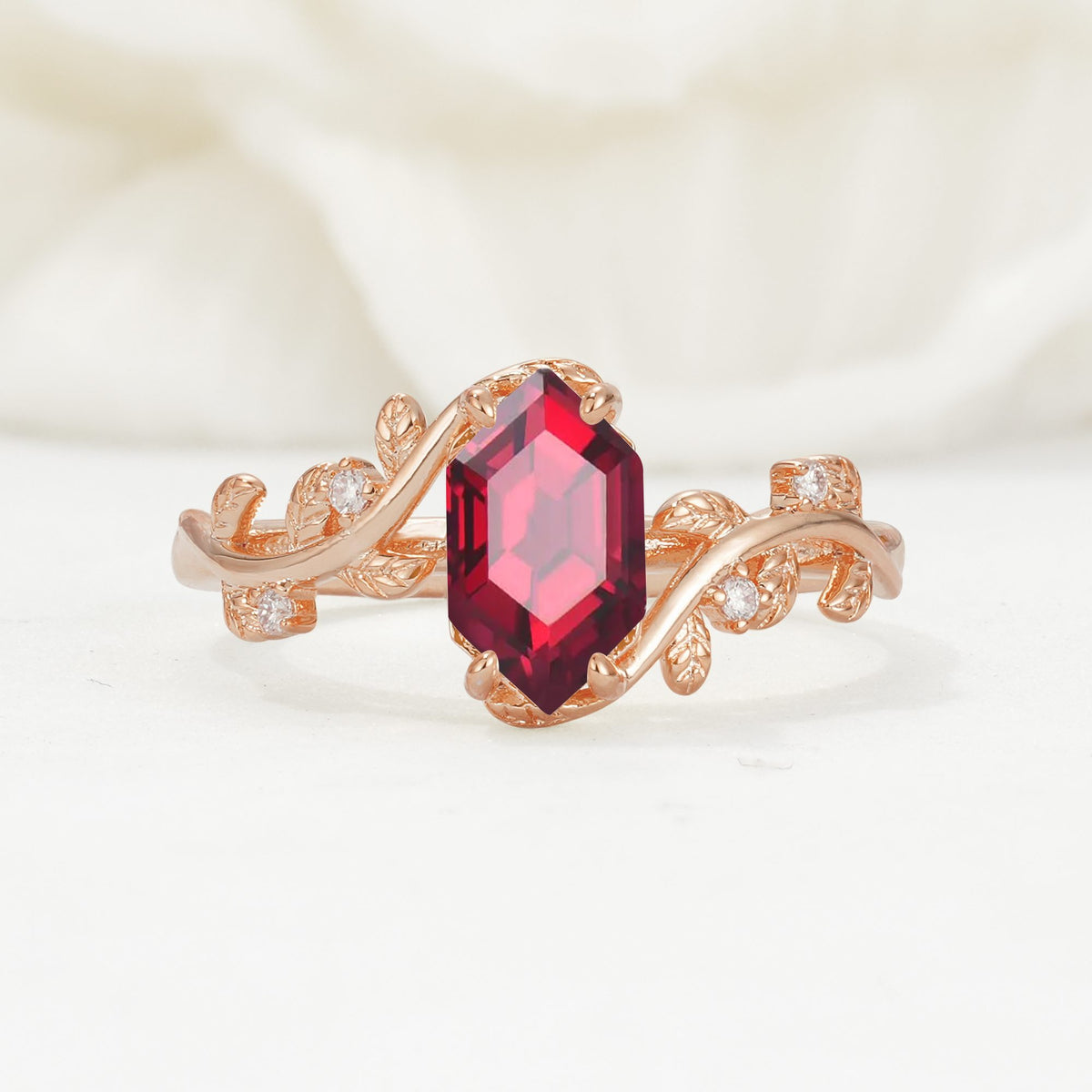 Elongated Hexagon Ruby Leaf Vine Nature-Inspired Engagement Ring - Additional view