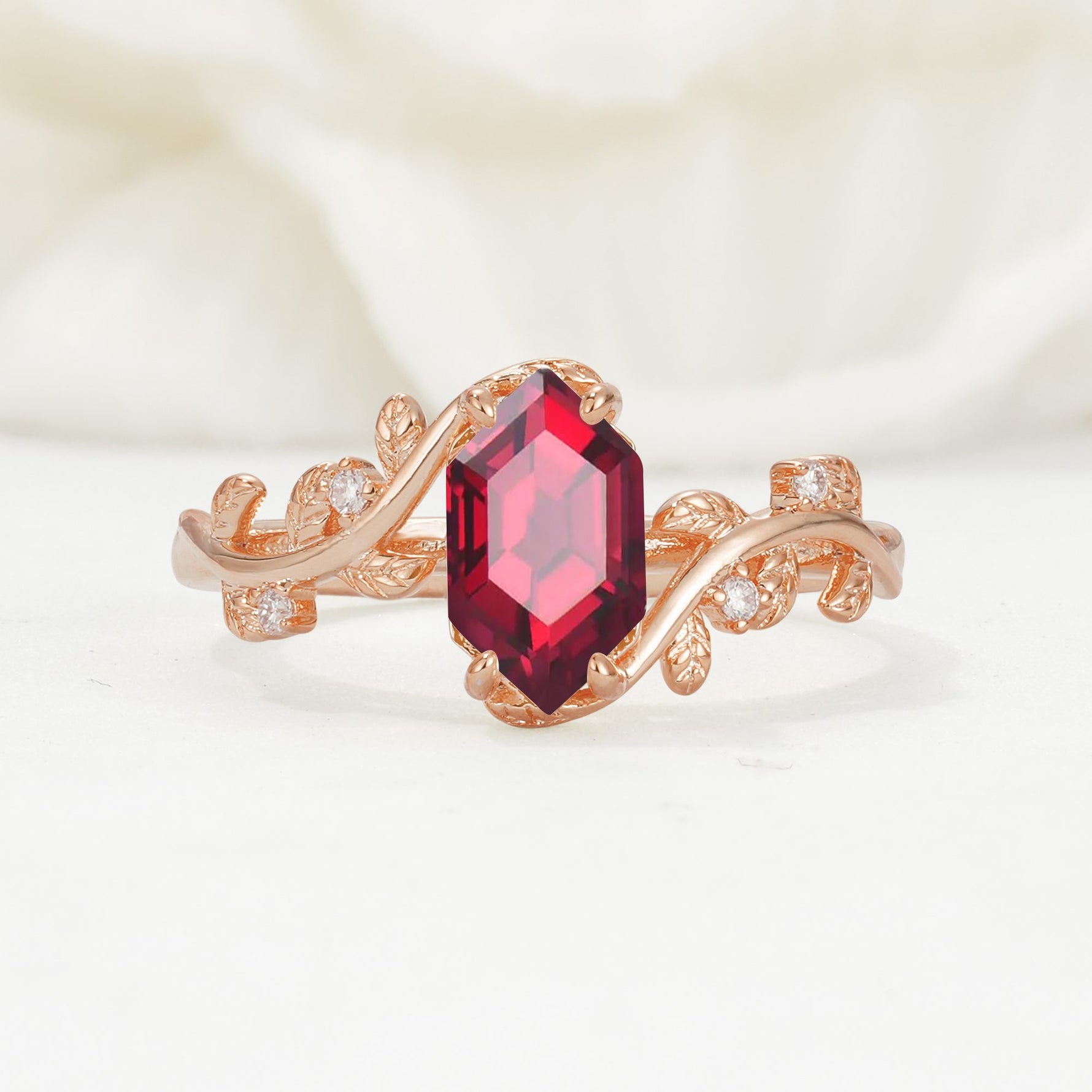 Elongated Hexagon Ruby Leaf Vine Nature-Inspired Engagement Ring - Additional view