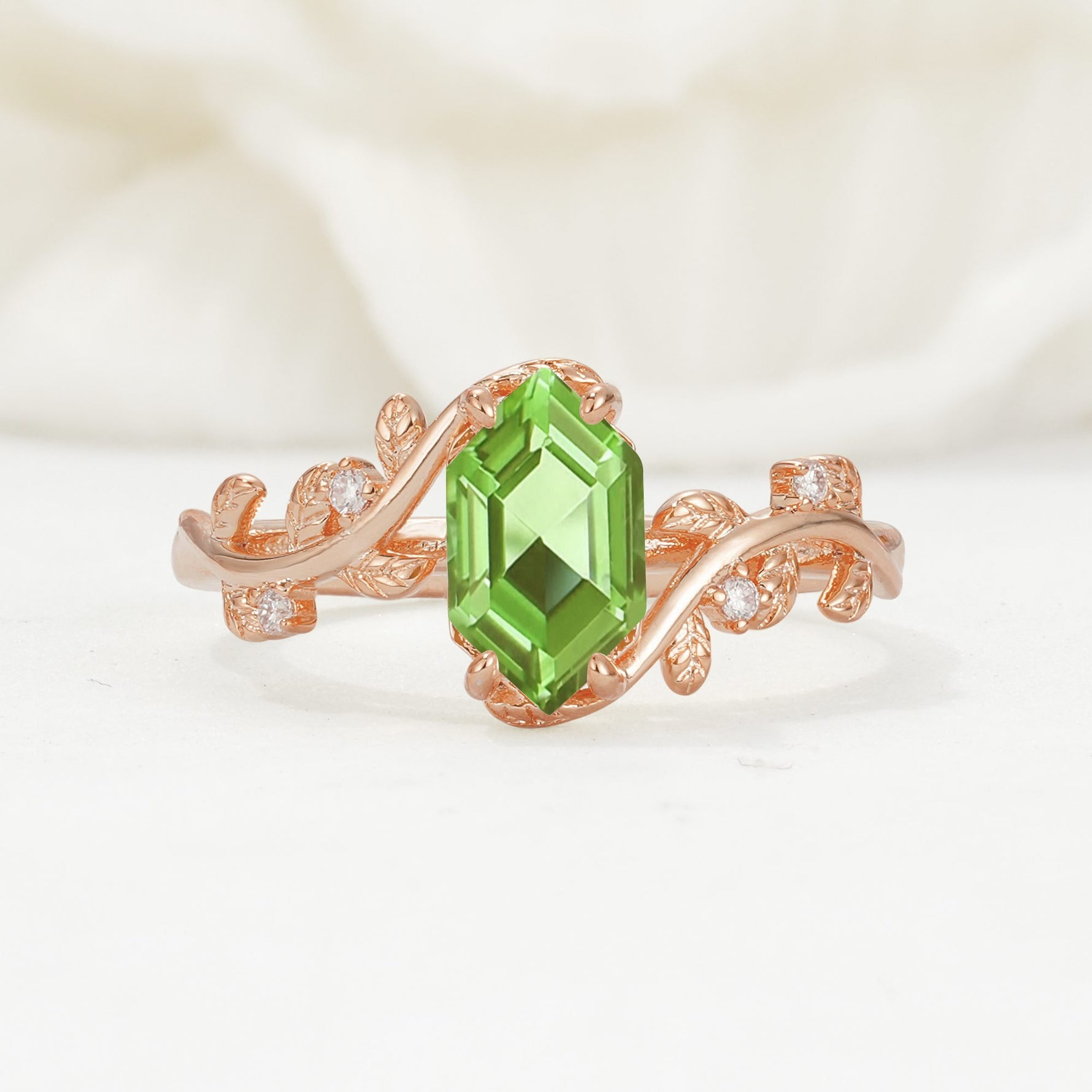 Elongated Hexagon Peridot Leaf Vine Nature-Inspired Engagement Ring - Additional view