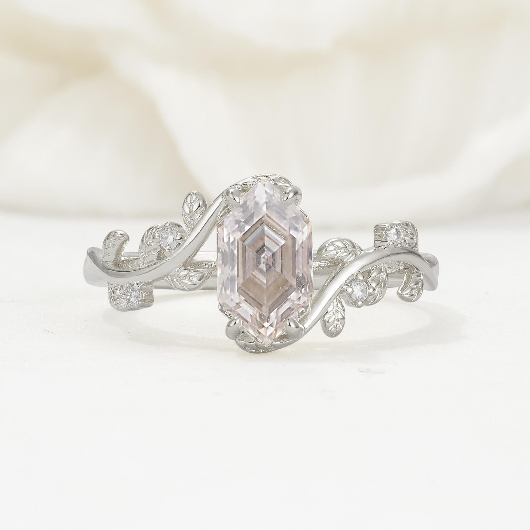 Nature-Inspired Hexagon Cut Moissanite Engagement Ring with Vine Accents - Additional view