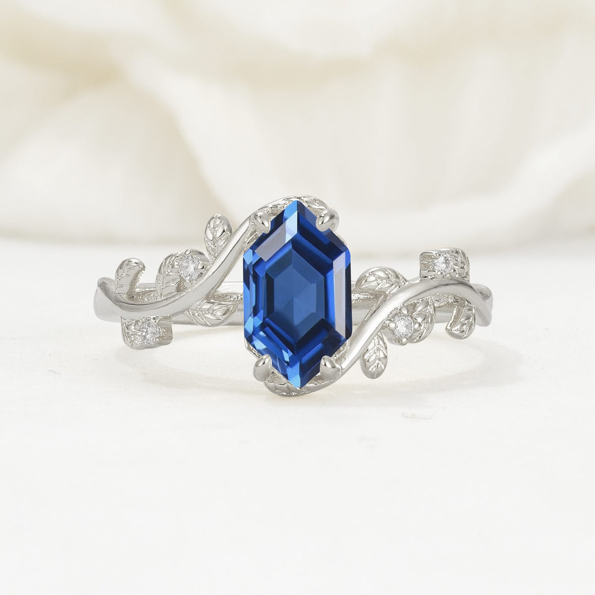 Elongated Hexagon Sapphire Leaf Vine Nature-Inspired Engagement Ring - Additional view