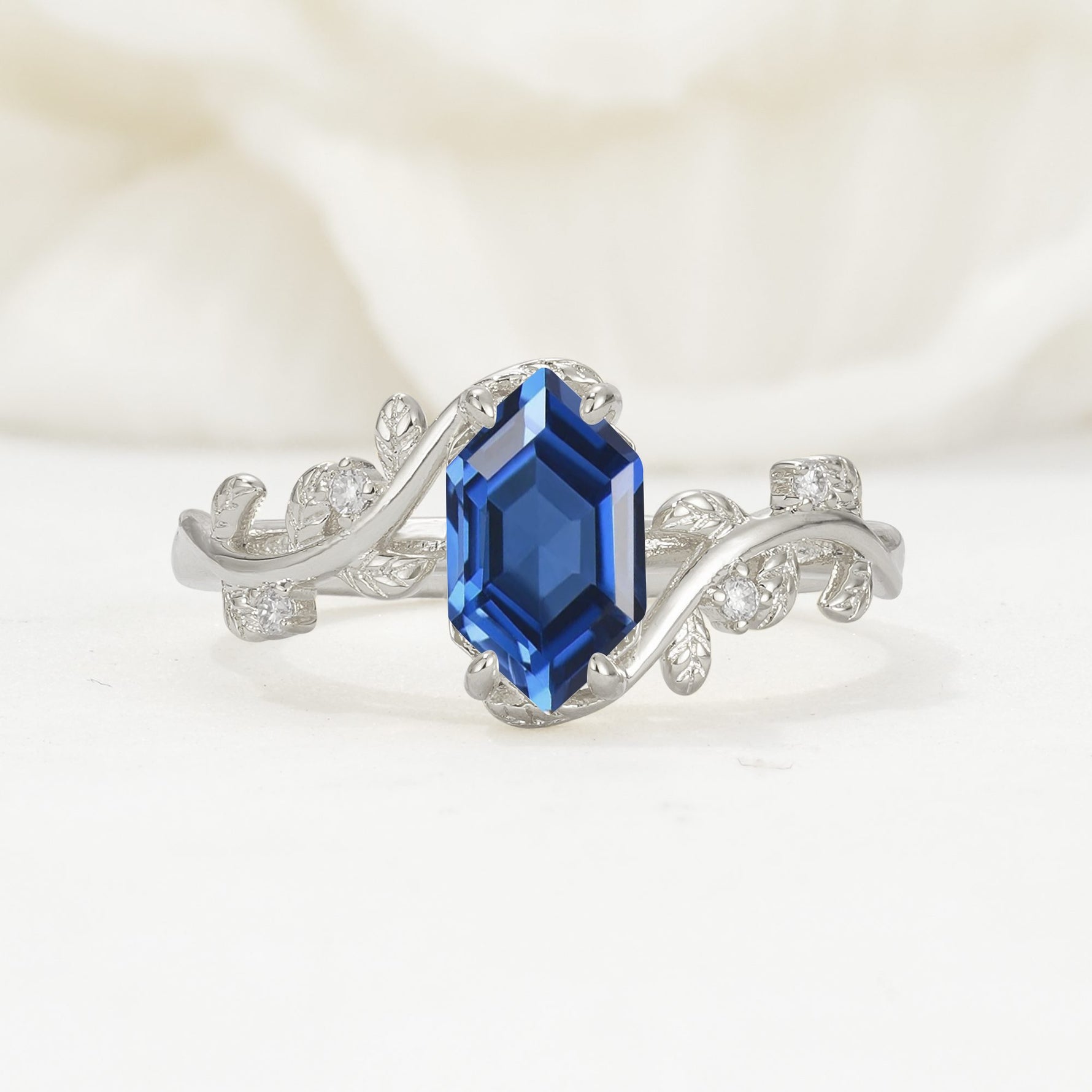 Elongated Hexagon Sapphire Leaf Vine Nature-Inspired Engagement Ring - Additional view