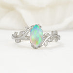 Elongated Hexagon Fire Opal Leaf Vine Nature-Inspired Engagement Ring - Additional view