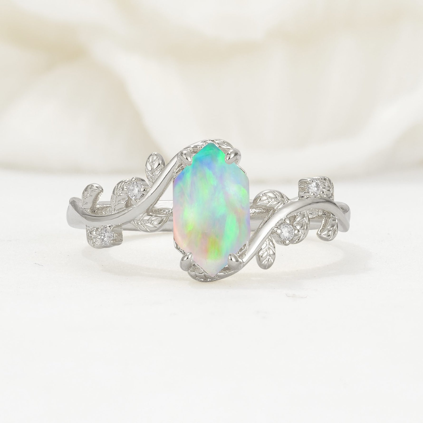 Elongated Hexagon Fire Opal Leaf Vine Nature-Inspired Engagement Ring - Additional view