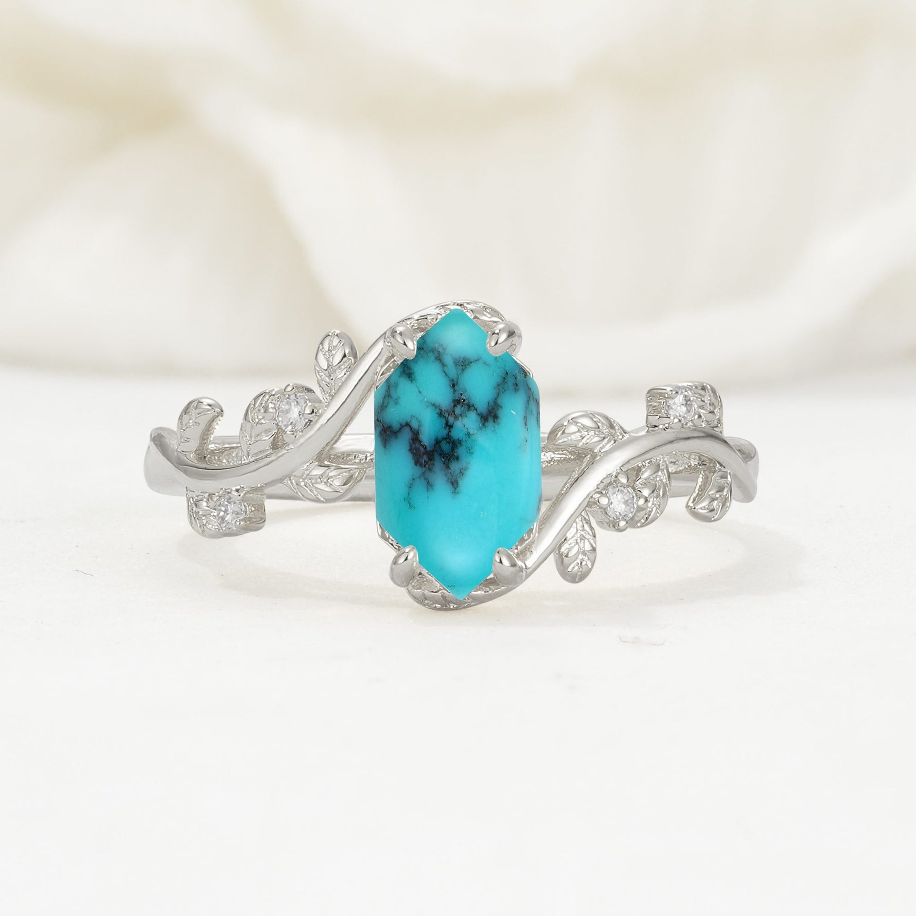 Elongated Hexagon Turquoise Leaf Vine Nature-Inspired Engagement Ring - Additional view