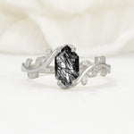 Elongated Hexagon Black Rutilated Quartz Leaf Vine Nature-Inspired Engagement Ring - Additional view
