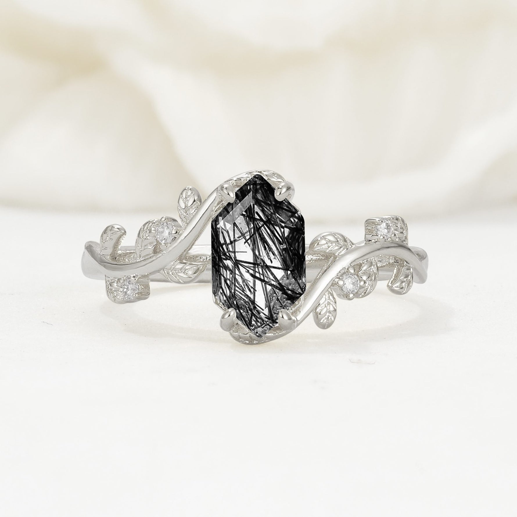 Elongated Hexagon Black Rutilated Quartz Leaf Vine Nature-Inspired Engagement Ring - Additional view