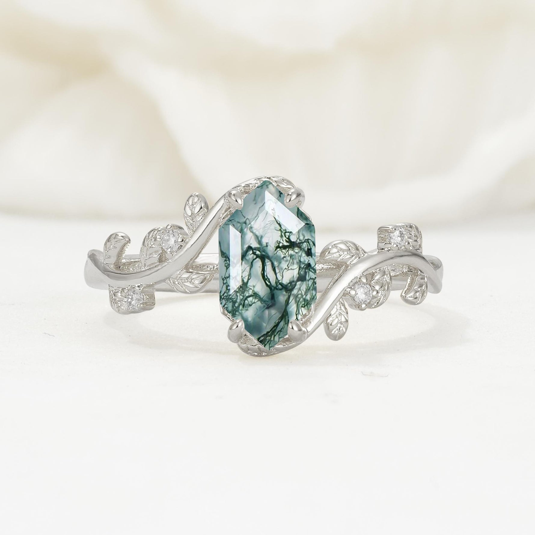 Nature-Inspired Hexagon Cut Moss Agate Engagement Ring with Vine Accents - Additional view