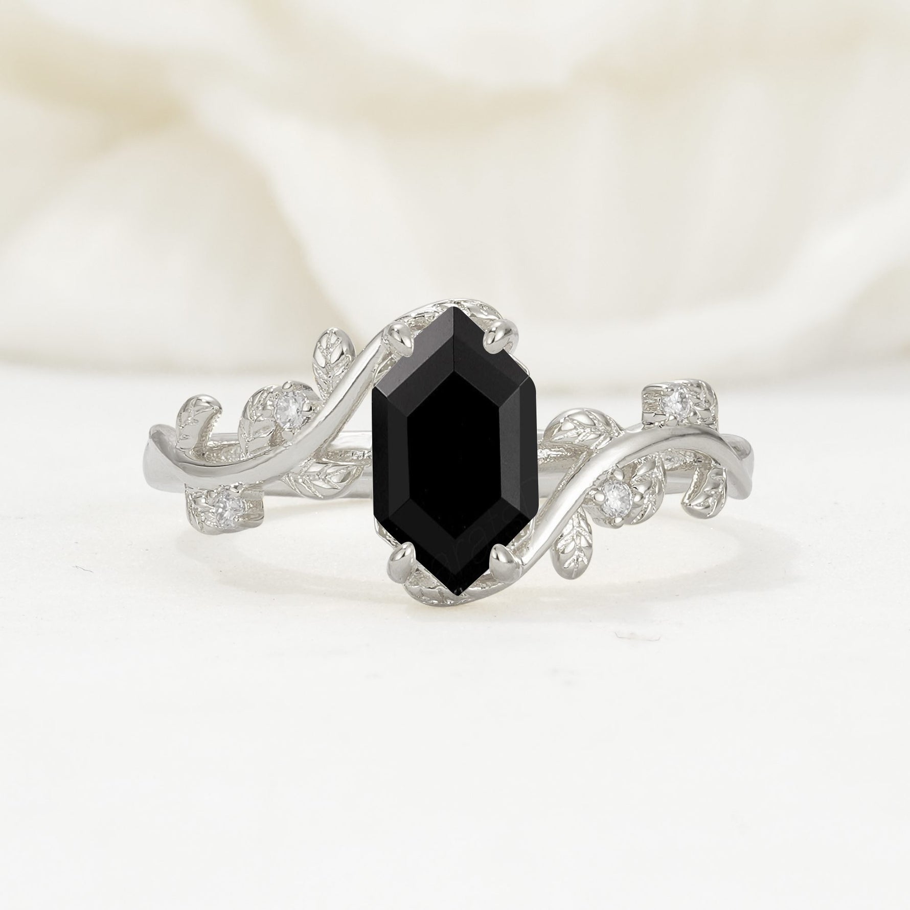 Elongated Hexagon Black Onyx Leaf Vine Nature-Inspired Engagement Ring - Additional view