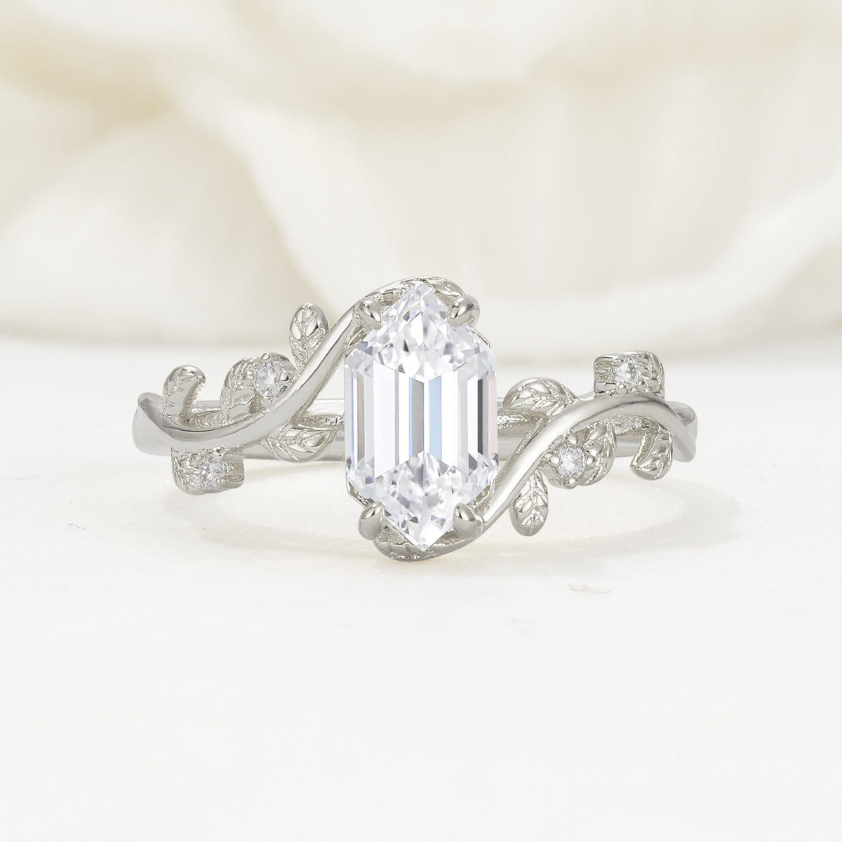 Elongated Hexagon Lab Diamond Leaf Vine Nature-Inspired Engagement Ring - Additional view