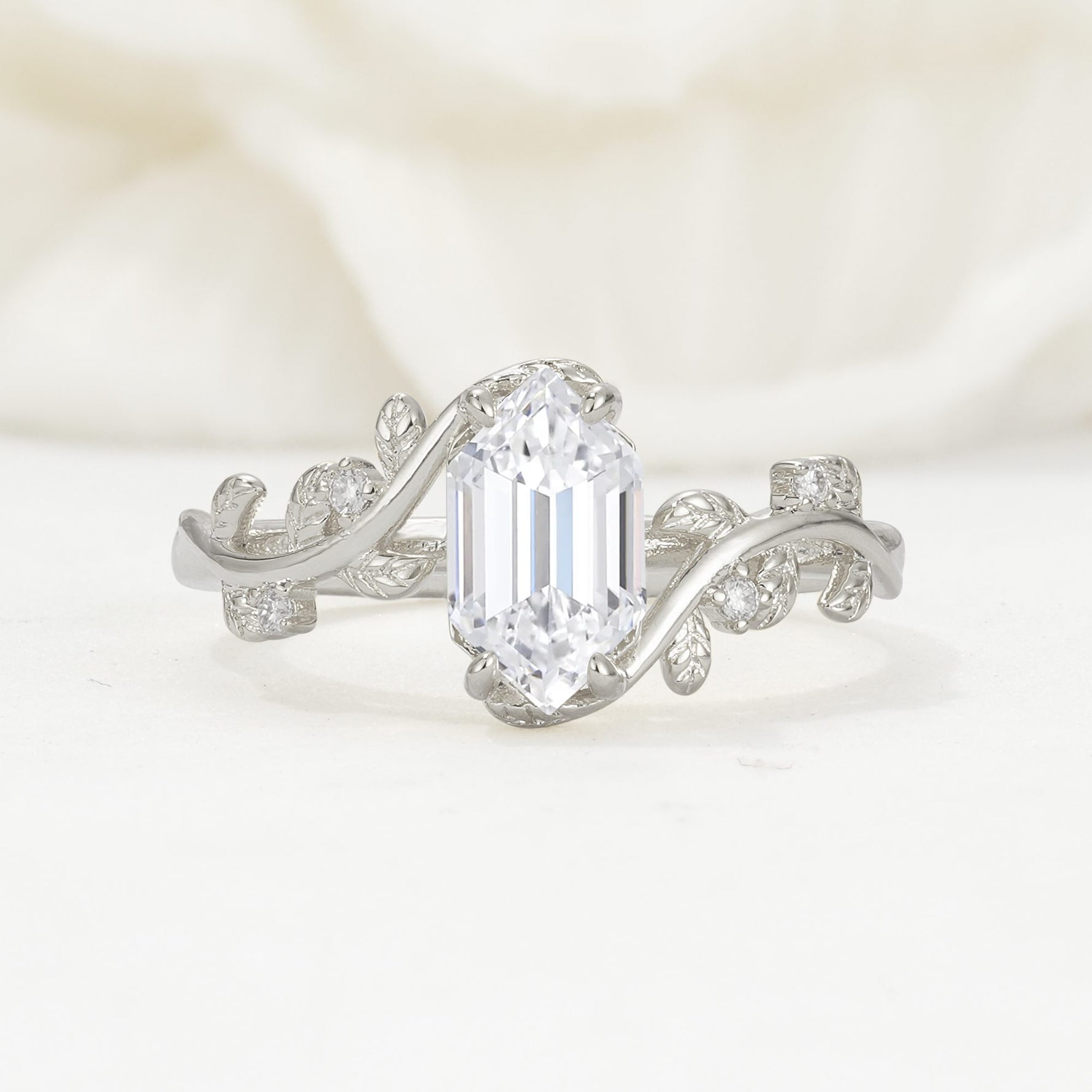 Elongated Hexagon Lab Diamond Leaf Vine Nature-Inspired Engagement Ring - Additional view