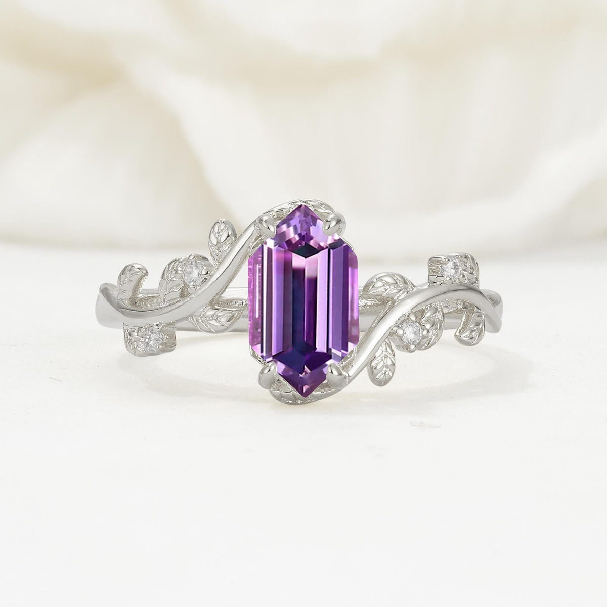 Nature-Inspired Hexagon Cut Amethyst Engagement Ring with Vine Accents - Additional view