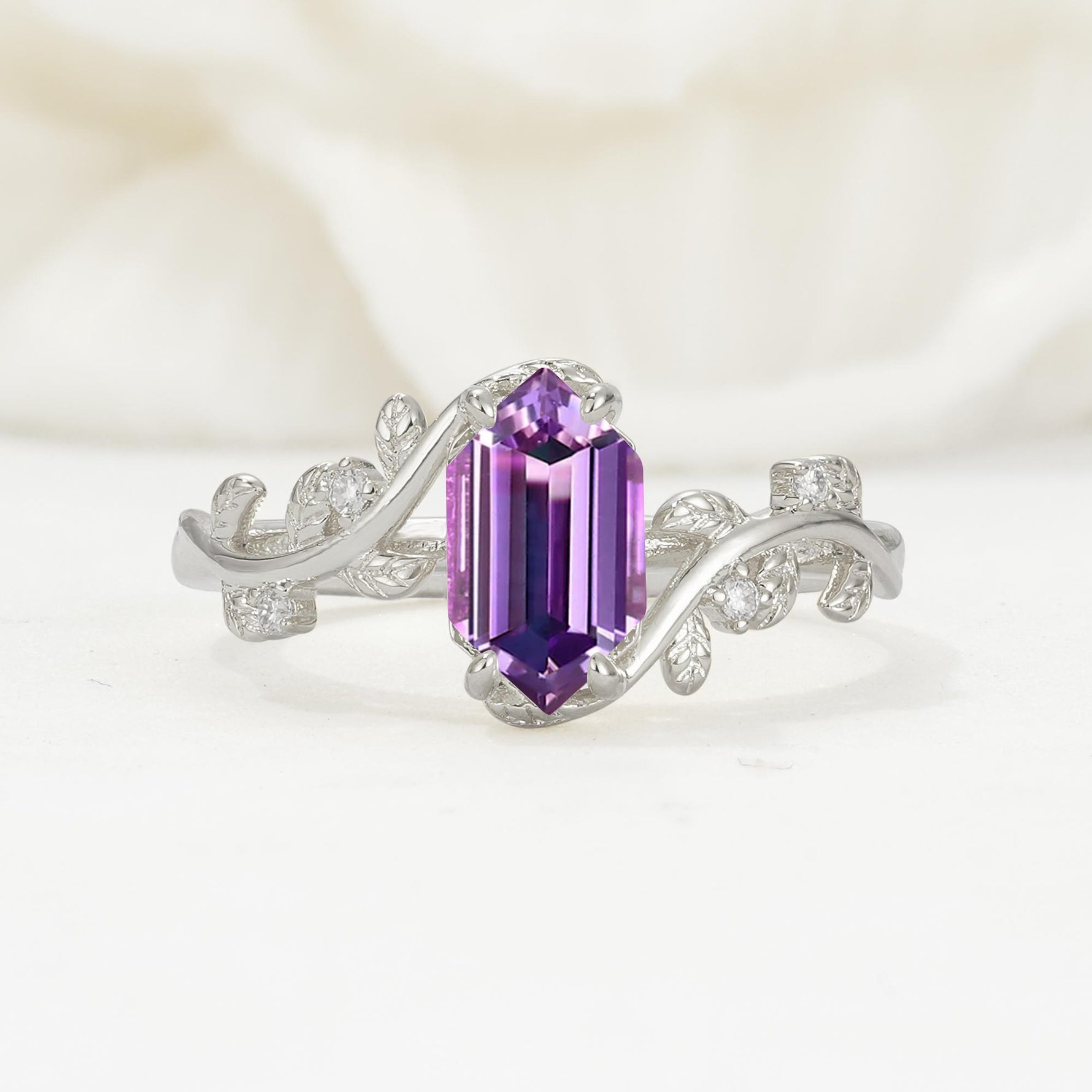 Nature-Inspired Hexagon Cut Amethyst Engagement Ring with Vine Accents - Additional view