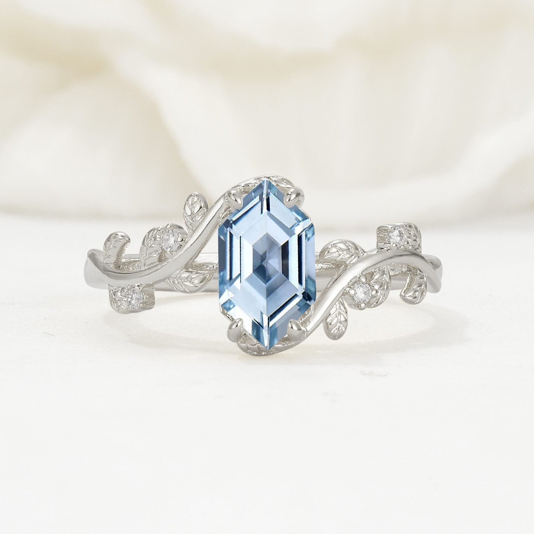 Elongated Hexagon Aquamarine Leaf Vine Nature-Inspired Engagement Ring - Additional view